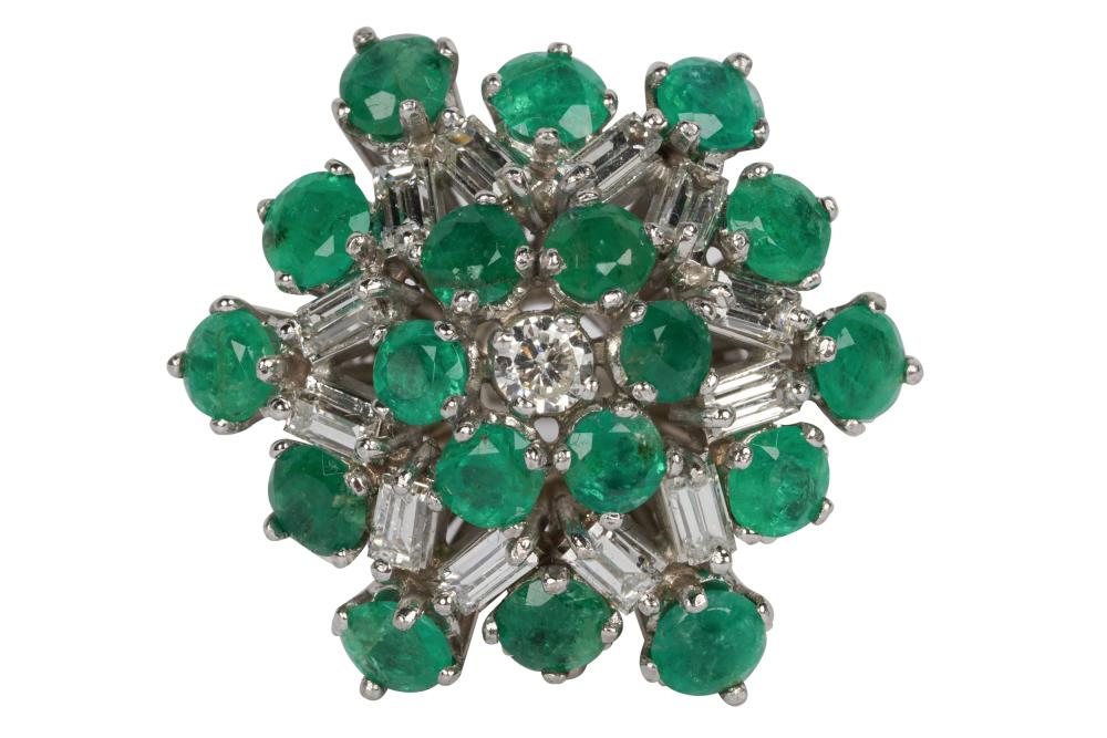 Appraisal: PLATINUM DIAMOND EMERALD CLUSTER RINGcentering one full cut diamond I-J