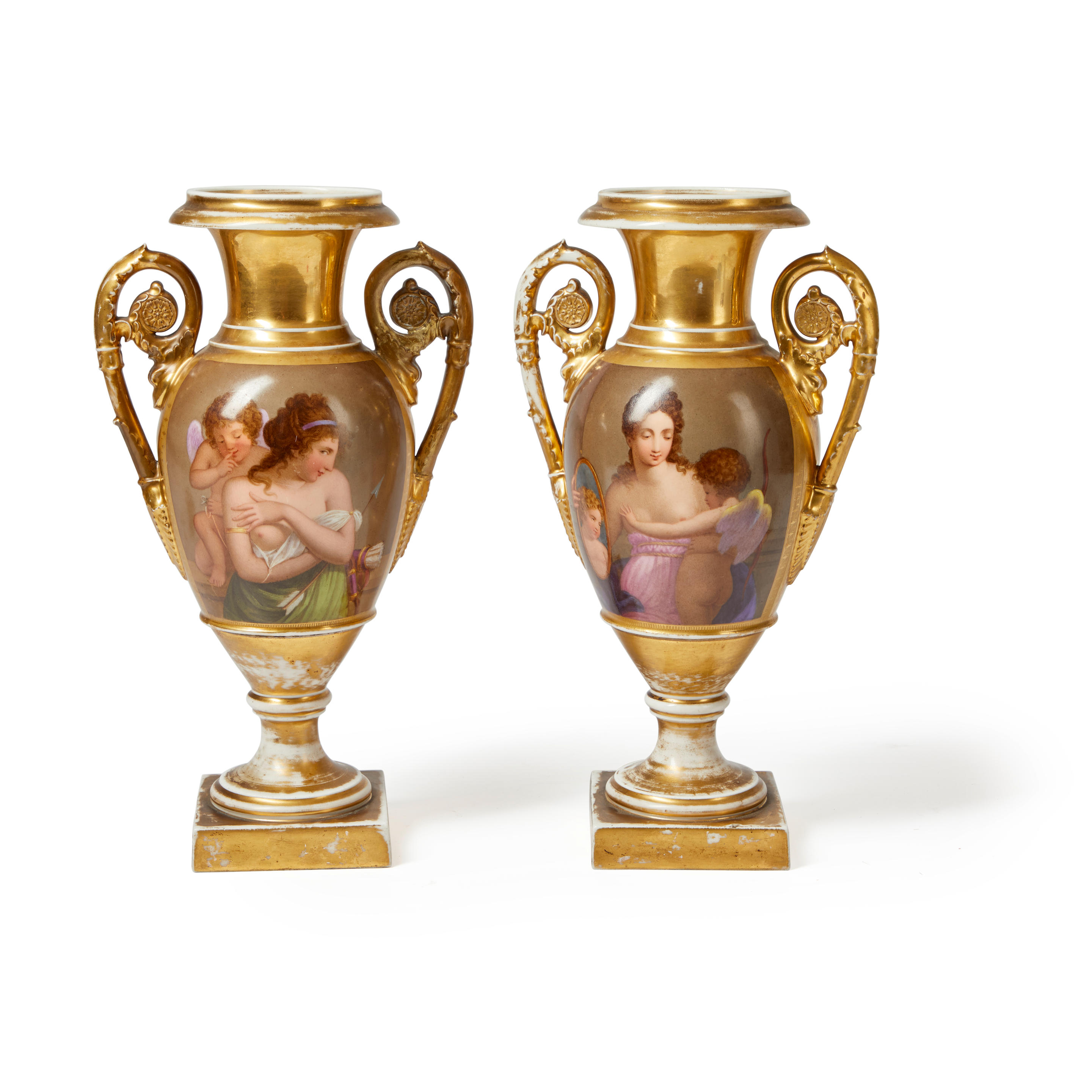 Appraisal: Pair of French Neoclassical-style Gilt Vases with central tableaus depicting