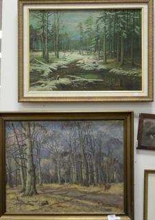 Appraisal: Two landscape oil on canvas paintings including fall woods with