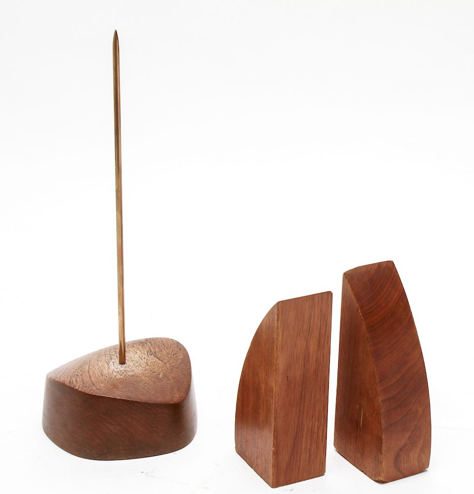 Appraisal: Modern Mahogany Receipt Spike and Bookends Pr Modern receipt bill