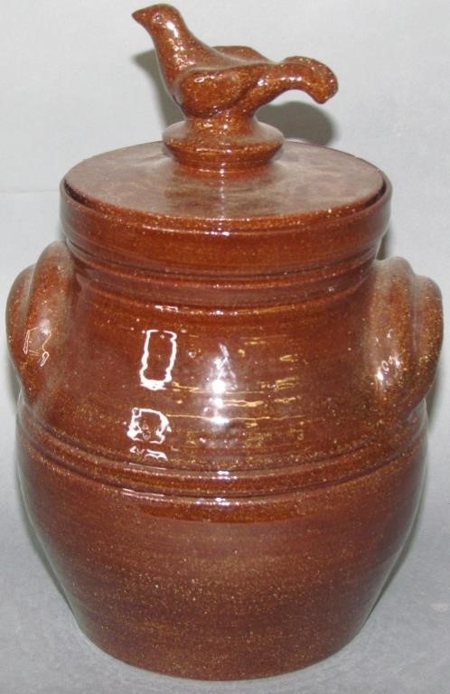 Appraisal: NED FOLTZ REDWARE JARrooster finial on lid small chip on