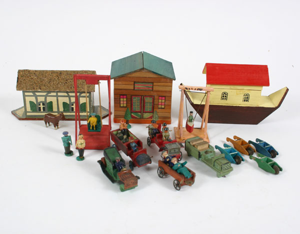 Appraisal: Lot German Erzgebirge wooden toy miniatures figures stacking buildings five