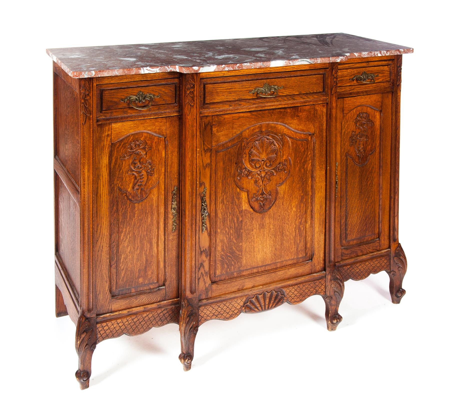 Appraisal: LOUIS XV-STYLE MARBLE TOP SIDEBOARD European ca oak Carved foliage