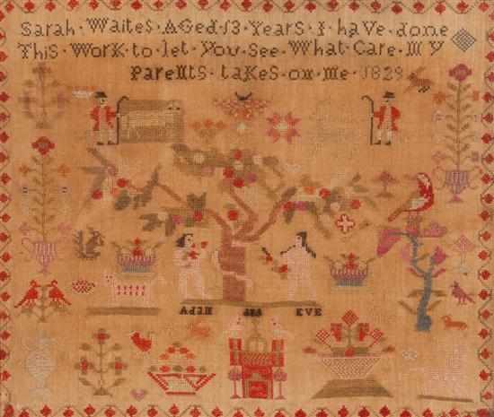 Appraisal: th century needlepoint sampler with Adam and Eve motif worked