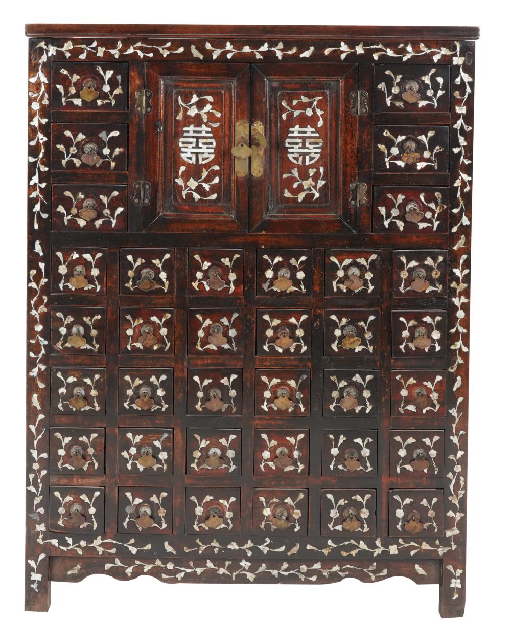 Appraisal: CHINESE SHELL-INLAID ROSEWOOD APOTHECARY CABINETthe hinged marble-inset top opening to