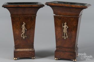 Appraisal: Pair of burl veneer planter Pair of bronze and marble