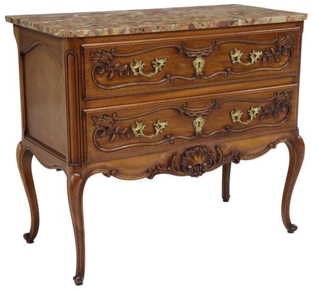 Appraisal: French Louis XV style marble-top walnut commode th c two