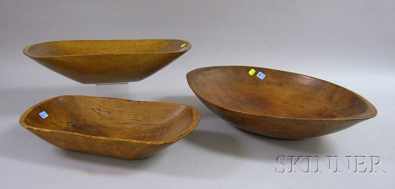 Appraisal: Three Hewn Wooden Bowls lg to in Wear one with