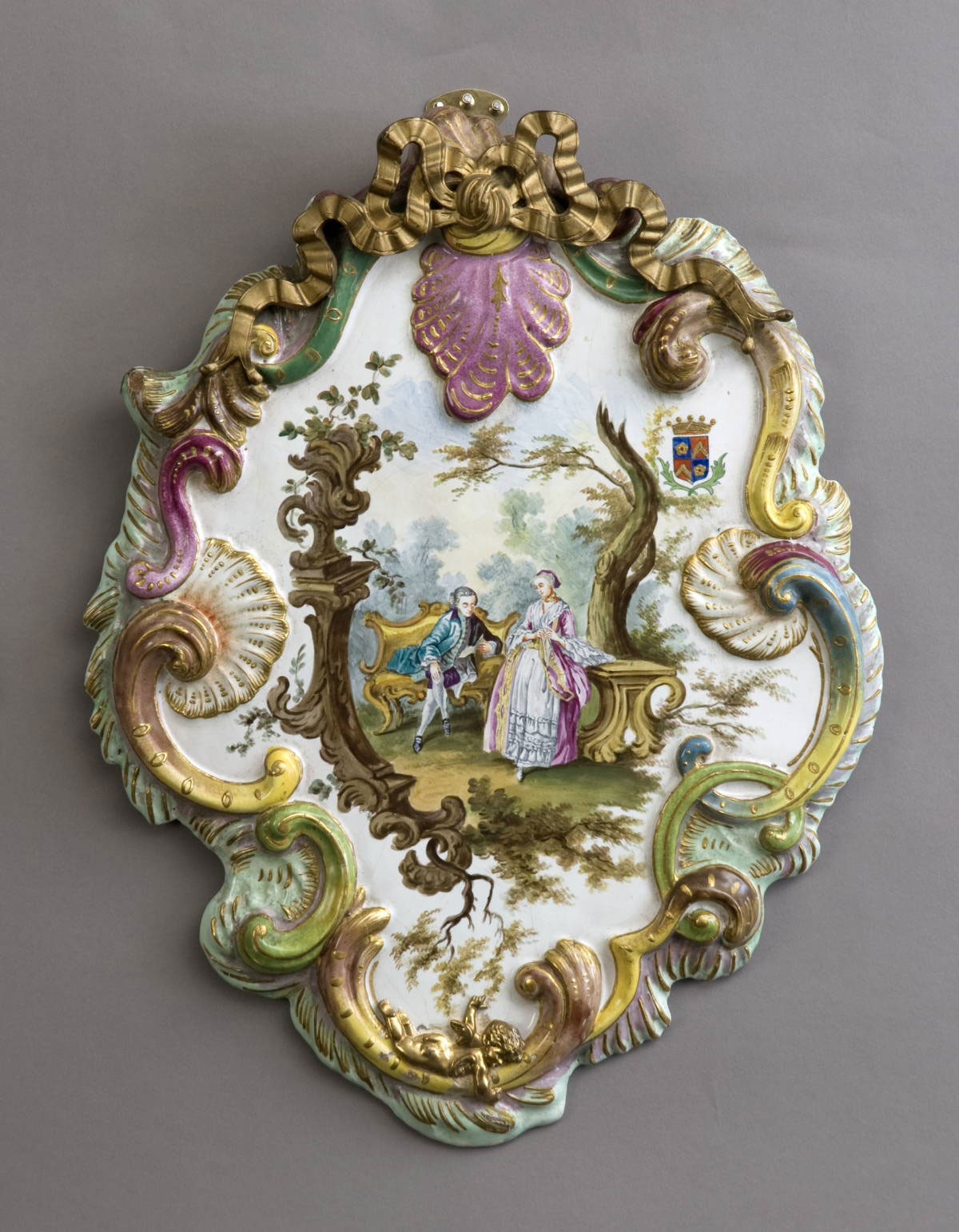 Appraisal: FRENCH FAIENCE GILT-METAL-MOUNTED PLAQUE IN THE MANNER OF VUEVE PERRIN