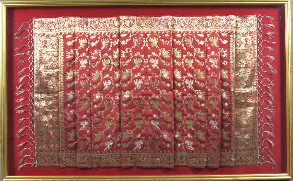 Appraisal: - Framed Vintage Red Silk Brocade Wedding Sari Vintage red