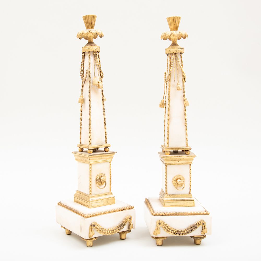 Appraisal: Pair of Louis XVI Ormolu Mounted White Marble Obelisks Pair