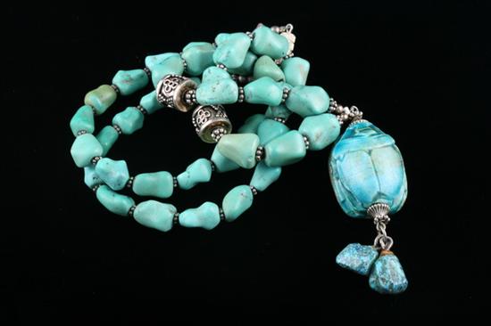 Appraisal: TURQUOISE NECKLACE WITH SCARAB PENDANT L