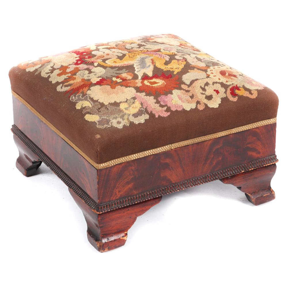 Appraisal: EMPIRE SQUARE FOOT STOOL WITH FRENCH AUBUSSON TYPE DRAGON TAPESTRY