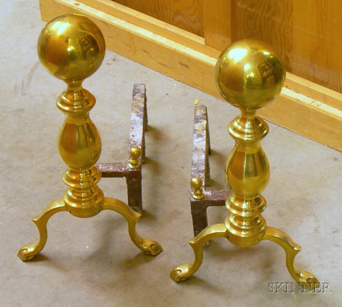 Appraisal: Pair of th Century Brass Ball-top Andirons ht wd dp