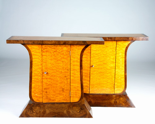 Appraisal: ART DECO Pair of burl wood and mahogany consoles with