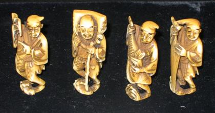 Appraisal: Four Standing Ivory Netsuke Japanese th th c Depicting happy