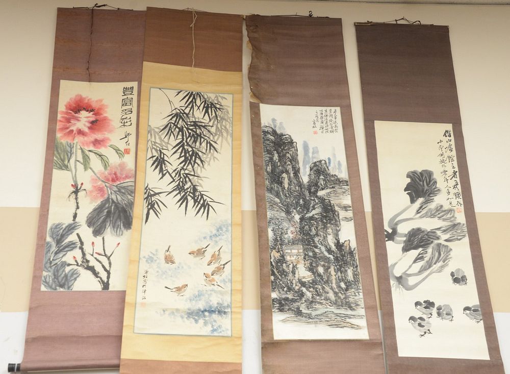 Appraisal: Four Oriental scrolls watercolor of red flower x watercolor of