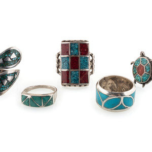 Appraisal: Navajo and Zuni Silver Rings with Channel or Chip Inlay