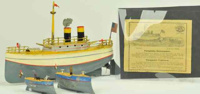 Appraisal: UEBELACKER GUNBOAT NITH TWO BOATS SET Germany 's hand painted