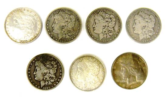 Appraisal: COINS Seven circulated Morgan and Peace dollars in VG to