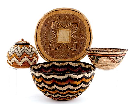 Appraisal: Zulu woven baskets small covered basket H Dia bowl H