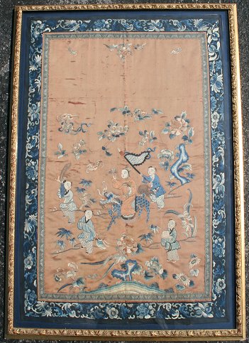 Appraisal: th C CHINESE EMBROIDERY WITH ROYALTY RIDING A MYTHICAL BEAST