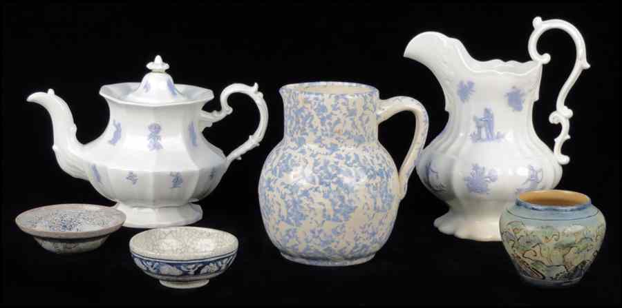 Appraisal: CHELSEA LAVENDER AND CREAM PORCELAIN TEAPOT AND PITCHER Together with