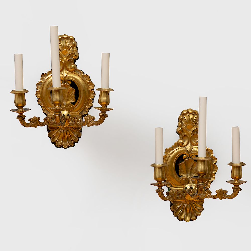 Appraisal: Pair of Continental Rococo Style Gilt-Bronze Three-Light Sconces Each mounted