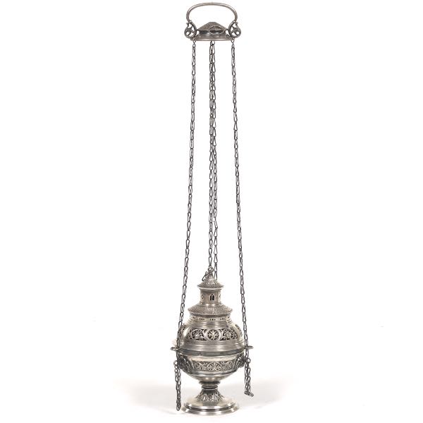 Appraisal: GERMAN SILVER ECCLESIASTICAL INCENSE BURNER ON SILVER PLATED CHAINS BY