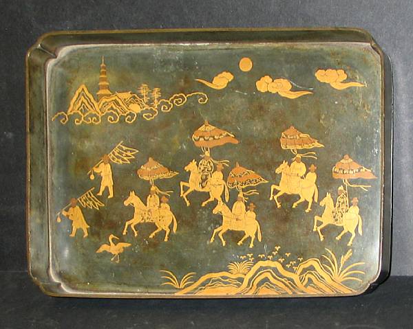 Appraisal: A rectangular gilt lacquered pewter tray Republican Period Painted in