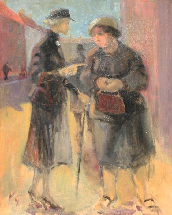 Appraisal: ILLEGIBLY SIGNED SOCIAL REALISM PAINTING OF TWO WOMEN TALKING ON