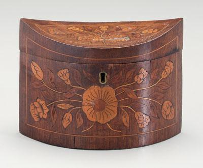 Appraisal: Inlaid tea box boat shaped with conforming interior lid concave