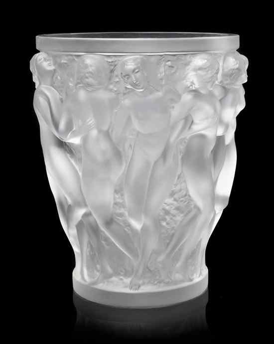 Appraisal: A Lalique Molded and Frosted Glass Vase Bacchantes of tapering