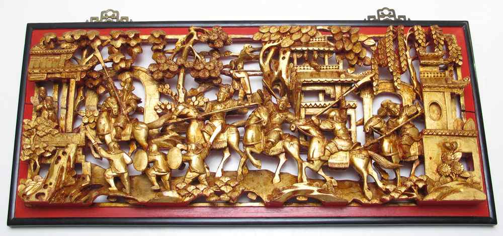 Appraisal: CHINESE CARVED WOOD WALL PANEL Heavily gilt '' deep carving