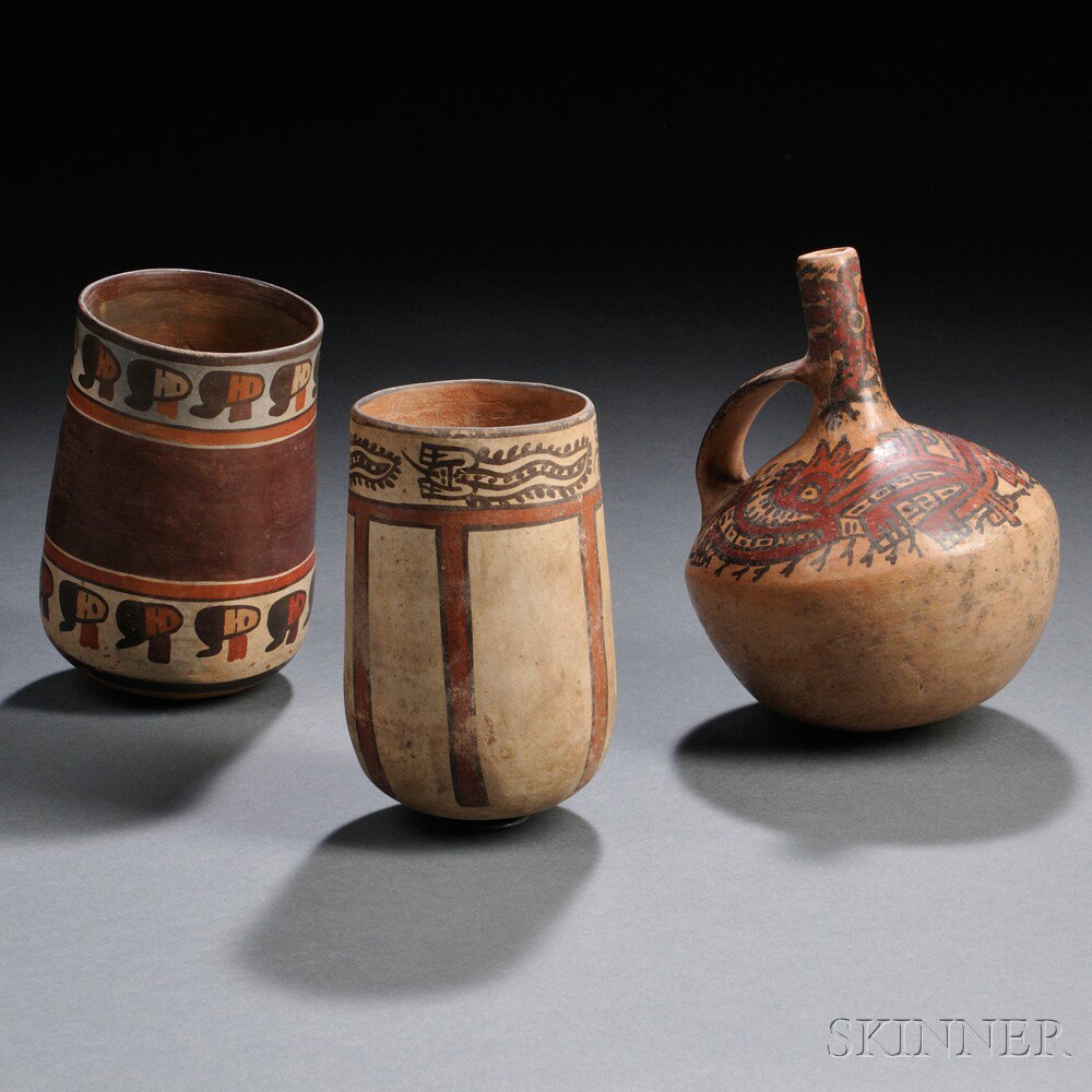 Appraisal: Three Nasca Polychrome Pottery Vessels includes a strap and spout