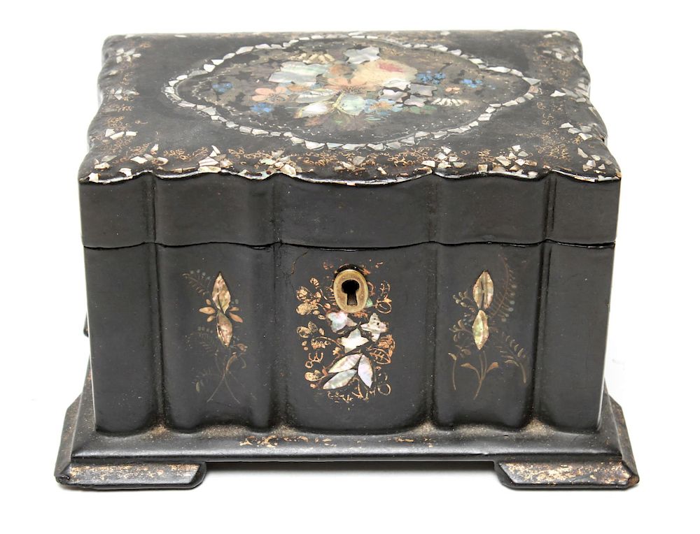 Appraisal: Victorian Mother-of-Pearl Papier Mache Tea Caddy Victorian English Japanned black