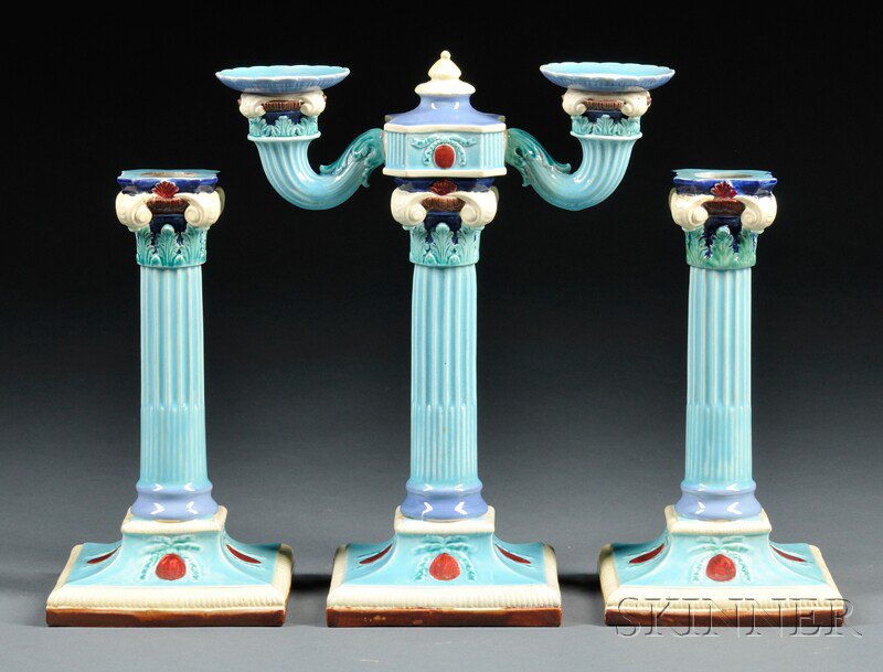 Appraisal: Three-piece Royal Worcester Majolica Candle Set England late th century