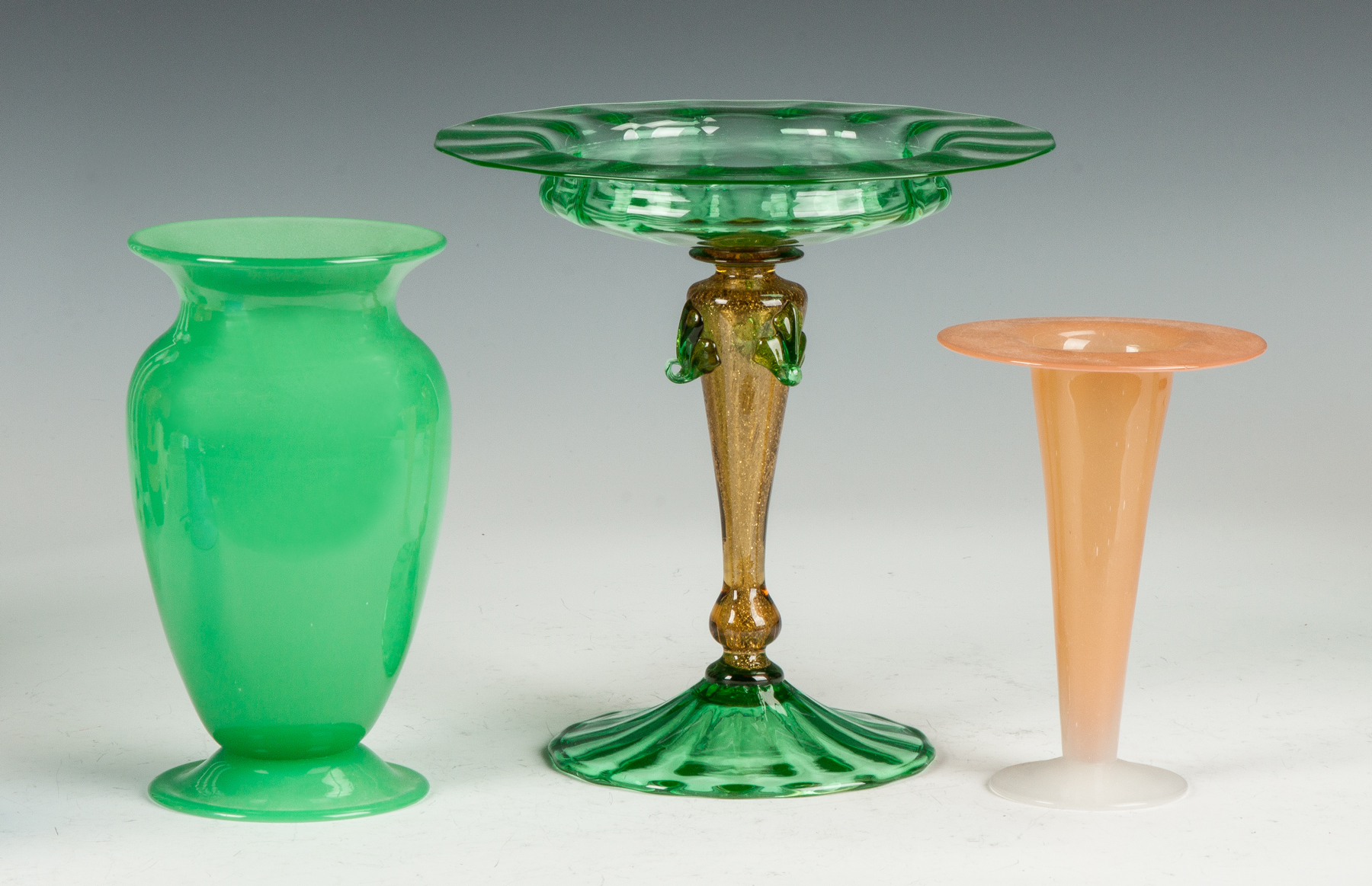 Appraisal: Steuben Vases Compote Early th cent All unsigned Green jade