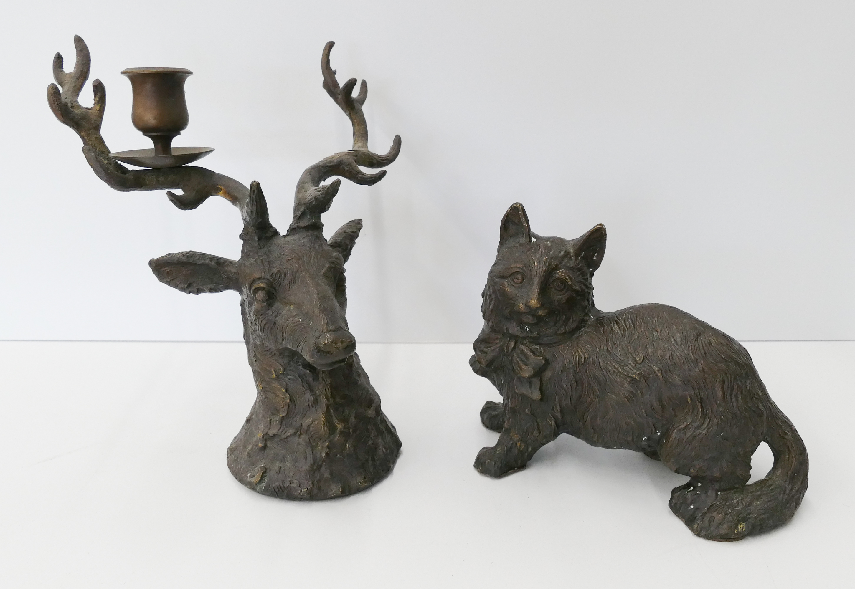 Appraisal: pc Bronze Cat Elk Candle Holder- '' and ''