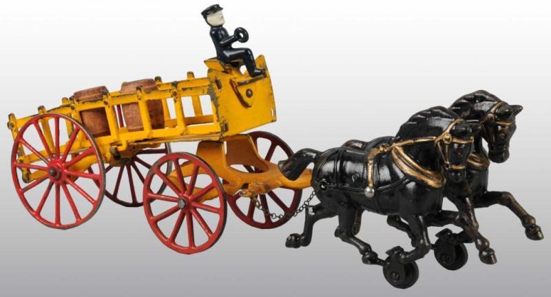 Appraisal: Cast Iron Horse-Drawn Dray Wagon Toy Description Yellow and red