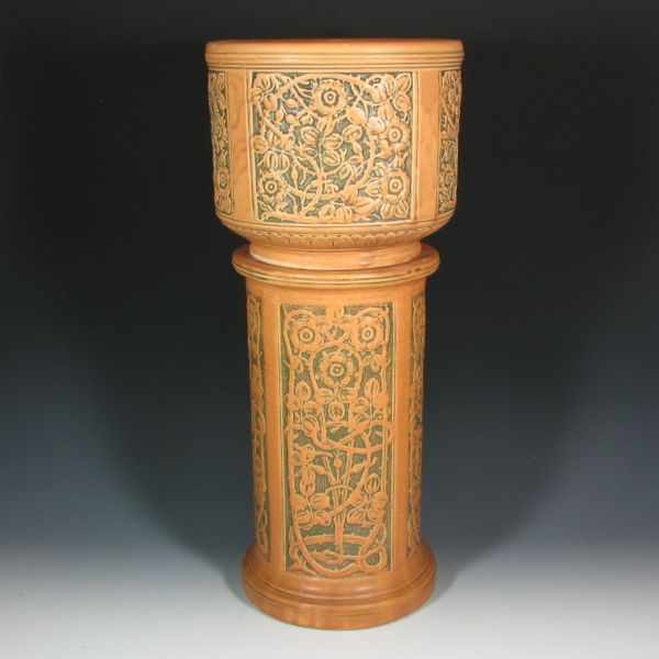 Appraisal: Weller jardiniere and pedestal in green and burnt orange Both