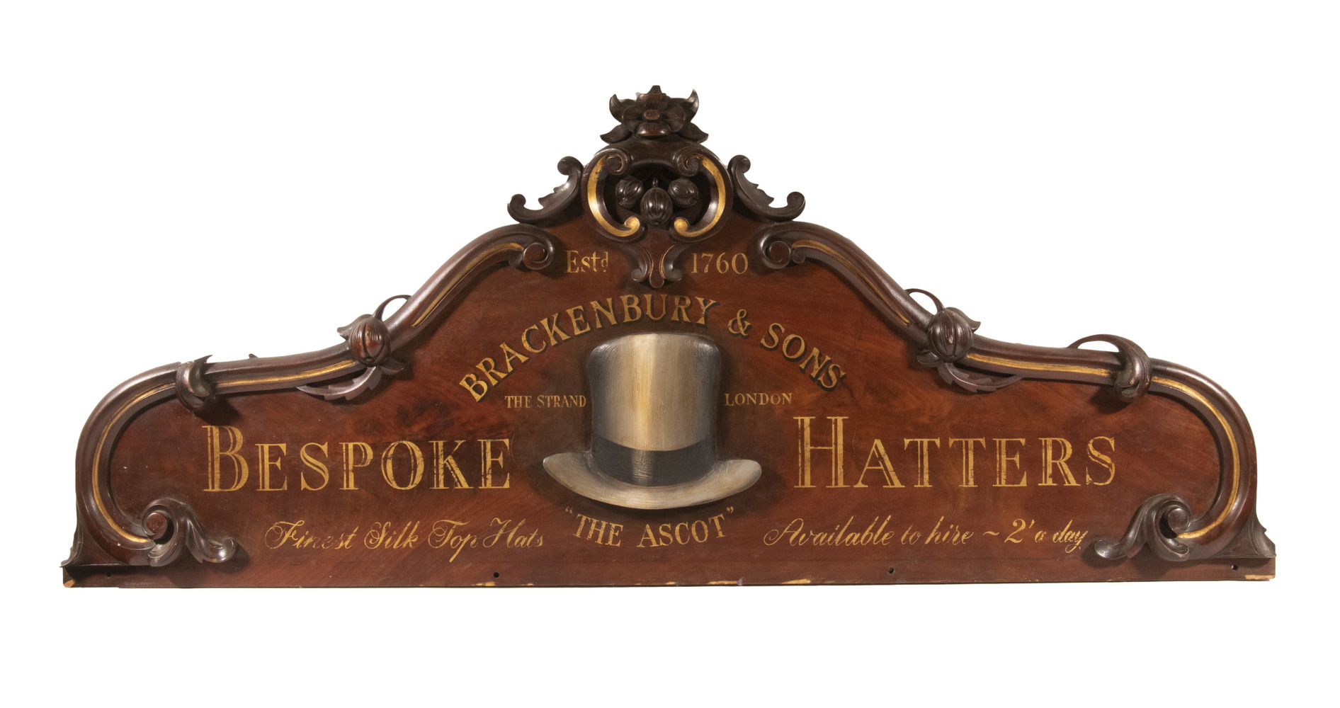 Appraisal: HATTER'S INTERIOR TRADE SIGN BRACKENBURY OF LONDON Carved Crest and