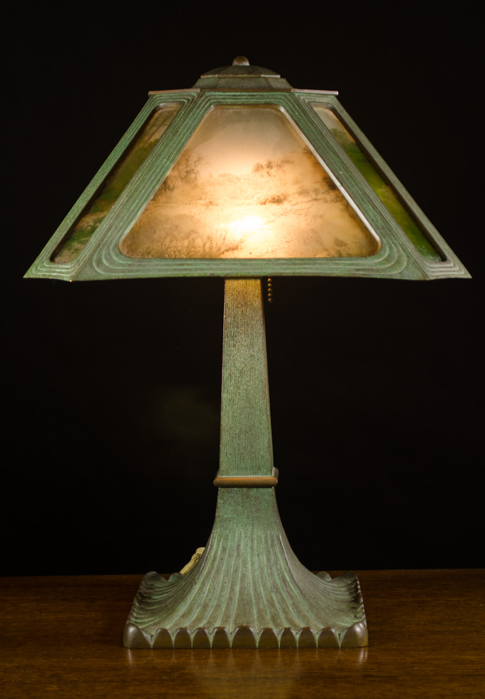 Appraisal: BRONZE TABLE LAMP WITH SHADE the pyramid shape shade with