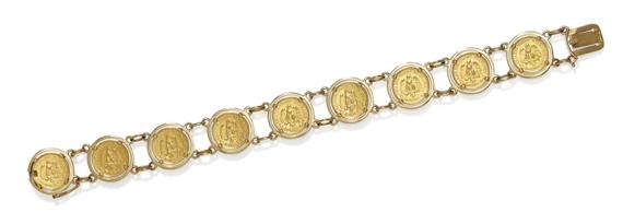 Appraisal: GOLD COIN BRACELET ca Yellow gold g Fancy bracelet of