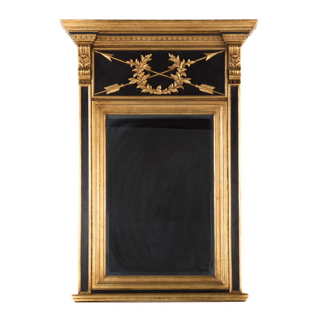 Appraisal: Louis XVI style ebonized gilt trumeau th century beveled mirror