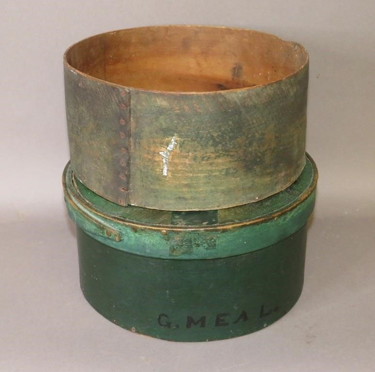 Appraisal: GREEN PAINTED BENTWOOD BOXESca - softwood round lidded pantry box