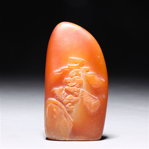 Appraisal: Chinese carved soapstone miniature mountain with floral design amidst rockery