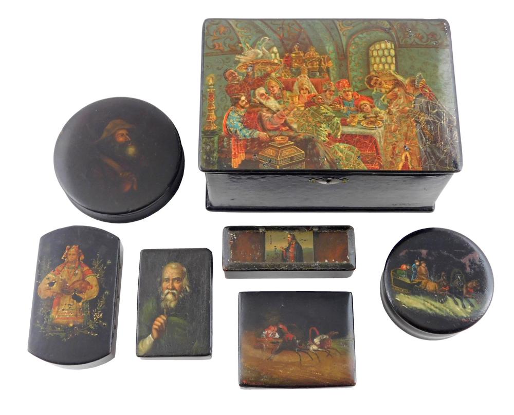 Appraisal: Russian hand-painted lacquer boxes seven pieces all older two signed