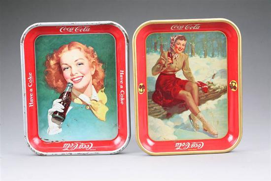 Appraisal: TWO COCA COLA ADVERTISING TRAYS Iceskater and girl with scarf