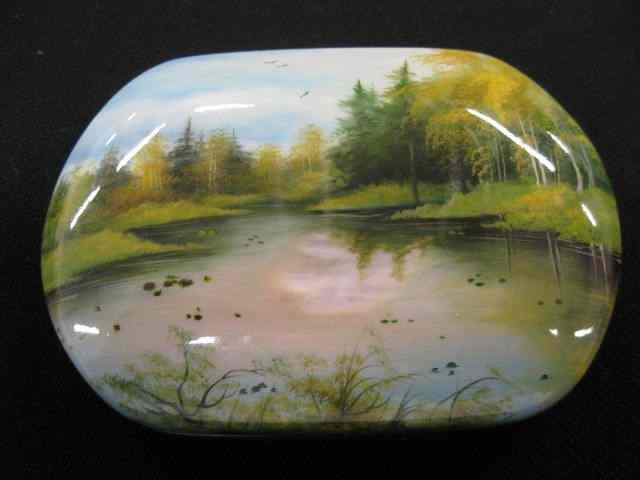 Appraisal: Russian Lacquerware Box spring landscape with mother-of-pearl reflective lake ''